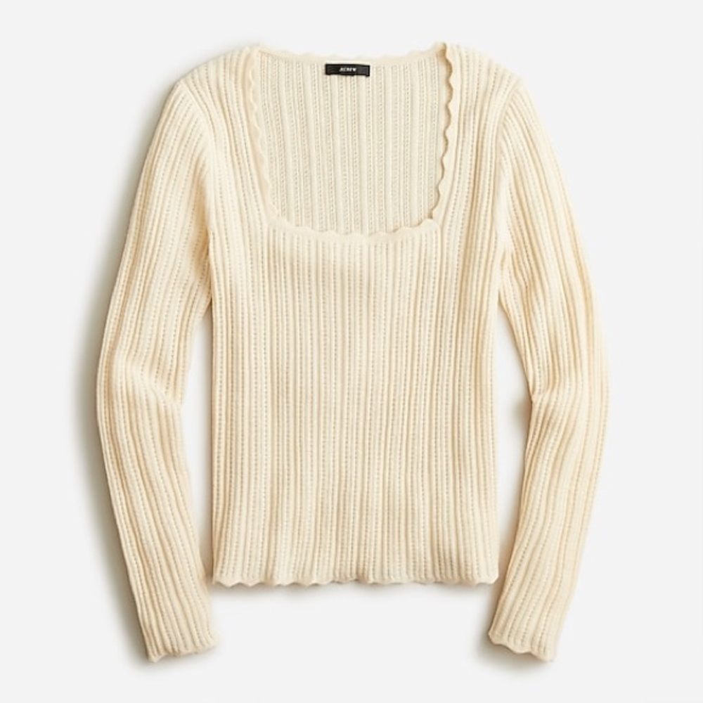 J Crew Pointelle Squareneck Scalloped Sweater